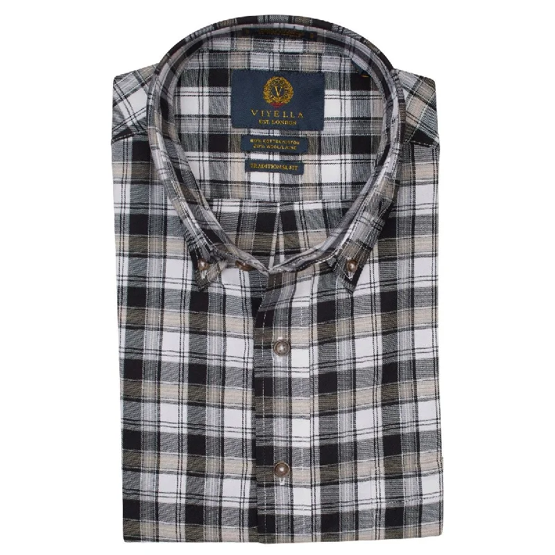 Black, Tan, and Winter White Plaid Cotton and Wool Blend Button-Down Shirt (Size Medium) by Viyella