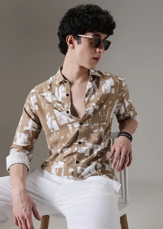 Brown White Abstract Printed Shirt