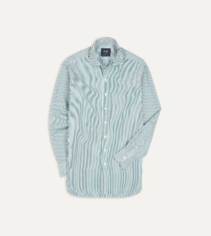 Green and White Bengal Stripe Spread Collar Cotton Poplin Shirt