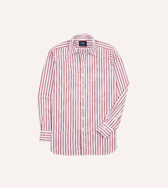 Red and White Stripe Cotton Poplin Long Point Collar Shirt